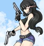  /x/tan akimbo artist_request beretta_92 black_hair cosplay denim denim_shorts fingerless_gloves gloves glowing glowing_eye gun handgun hands_on_hips revy_(black_lagoon)_(cosplay) revy_(cosplay) shorts wavy_hair weapon 