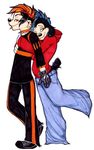  black blue_hair bonaparte canine clothed collar couple cujo ear_piercing gay gloves goggles goof_troop hair holding holly_massey hoodie hug jumper lip_piercing male max_goof orange_hair pants piercing shirt shoes short_hair spiked_collar standing white_background 