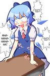  blue_hair blush bow cirno commentary crotch_rub desk dress flat_chest hair_bow happy_sex hard_translated heavy_breathing masturbation necktie short_hair smile solo table_sex tablesex the_embodiment_of_scarlet_devil touhou toutouhai translated wings 