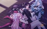  3girls agarest_senki agarest_senki_(series) black_legwear brown_hair closed_eyes company_name copyright_name ellis_(agarest_senki) grey_hair hair_down hair_ornament hair_ribbon hairpin highres hirano_katsuyuki jewelry long_hair low-tied_long_hair lying multiple_girls necklace official_art on_side pink_hair red_legwear ribbon rug sharona_(agarest_senki) skirt sleeping thighhighs third_eye vira-lorr 