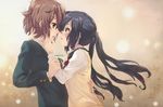  arm_grab black_hair brown_eyes brown_hair eye_contact face-to-face hand_on_another's_face hirasawa_yui hug k-on! long_hair looking_at_another multiple_girls nakano_azusa niangao profile school_uniform short_hair sweater_vest tears twintails yuri 