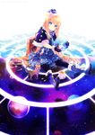  black_cat blonde_hair blue_eyes boots bow capelet cat cup dress globe gloves hat long_hair luggage namie-kun original pantyhose saucer sitting sky solo space star_(sky) starry_sky tea teacup very_long_hair 