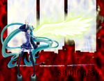  aqua_hair arm_up black_legwear boots detached_sleeves energy_wings green_eyes hatsune_miku highres kebi_(sanbou) long_hair necktie pigeon-toed shiningray_(vocaloid) single_wing solo thigh_boots thighhighs very_long_hair vocaloid wings 