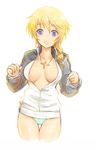 :d blonde_hair blue_eyes braid breasts charlotte_dunois cleavage infinite_stratos jacket jewelry kara_(color) large_breasts necklace no_pants open_mouth simple_background smile solo thigh_gap track_jacket 