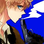  america_(hetalia) axis_powers_hetalia blonde_hair blue_eyes cz-75 glasses gloves gun hachi_(aimu) handgun jacket male_focus pistol smoke smoking_gun solo weapon 