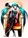  alternate_costume aqua_eyes aqua_hair boots cross-laced_footwear detached_sleeves hatsune_miku high_heels highres long_hair megaphone seppy shoes sitting solo thigh_boots thighhighs throne twintails vocaloid 