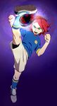  ball black_soccer_ball green_eyes highres inazuma_eleven inazuma_eleven_(series) kicking kiyama_hiroto male_focus mosako open_mouth red_hair soccer_ball solo telstar 