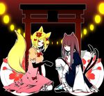  animal_ears cat_ears cat_tail dress fox_ears fox_tail frederica_bernkastel lambdadelta multiple_girls multiple_tails saya6382 tail torii umineko_no_naku_koro_ni 