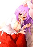  :d alternate_costume animal_ears areola_slip areolae blush breasts bunny_ears cleavage drunk dutch_angle fang japanese_clothes kurikara large_breasts long_hair miko no_bra open_mouth purple_hair red_eyes reisen_udongein_inaba sideways smile solo touhou 