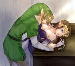  1girl bad_id bad_pixiv_id blue_eyes breasts brown_hair chikuwa_(rinka) colorized earrings gloves hat jewelry large_breasts licking link long_hair nipples pointy_ears princess_zelda suzuno_(kazahanasu) the_legend_of_zelda the_legend_of_zelda:_twilight_princess 