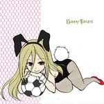  1boy afuro_terumi animal_ears blonde_hair bunny_ears bunny_tail bunnysuit crossdress crossdressing english fishnets full_body high_heels inazuma_eleven inazuma_eleven_(series) long_hair lying male_focus new_year pantyhose red_eyes shoes smile soccer solo tail trap 