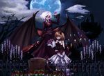  alternate_costume bare_shoulders bat_wings black_sclera blonde_hair blue_moon bouquet candelabra candle castle choker dress elbow_gloves emerane fence flandre_scarlet flower gloves highres moon multiple_girls no_hat no_headwear pink_flower pink_rose red_eyes red_flower red_rose remilia_scarlet rose short_hair siblings side_ponytail silhouette sisters strapless strapless_dress tears tombstone touhou white_hair wings 