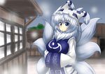  alternate_color blue_dress blue_eyes breasts dress fox_tail fur_trim hands_in_opposite_sleeves hat large_breasts multiple_tails silver_hair solo tail touhou yakumo_ran yutanpo-2 