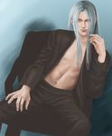  bringing_sexy_back final_fantasy final_fantasy_vii gradient gradient_background long_hair male male_focus open_clothes open_shirt pose sephiroth shirt sitting solo white_hair yellow_eyes 