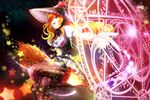  adapted_costume belt blonde_hair breasts broom cleavage crossed_legs dress hat i_wanna kirisame_marisa magic_circle medium_breasts open_mouth pointing sitting smile solo star thighhighs touhou witch_hat yellow_eyes 