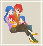  2girls bad_id bad_pixiv_id blue_hair closed_eyes green_eyes hug inazuma_eleven inazuma_eleven_(series) kiyama_hiroto long_hair multiple_boys multiple_girls red_hair short_hair sitting smile uppi urubida younger 