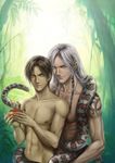  adam apple bible biblical blue_eyes brown_hair food fruit nude satan silver_hair snake yaoi 