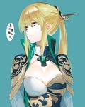  92m aqua_background armor blonde_hair breasts brown_eyes cleavage hair_ornament large_breasts looking_away pauldrons ponytail shin_sangoku_musou sidelocks solo speech_bubble translation_request upper_body wang_yuanji 