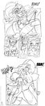  black_and_white breasts butt cleavage dialogue feline female fighting funny huge_breasts human jollyjack line_art monochrome nipples skirt stockings thong titsmack topless torn_clothing violence wedgie 