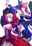  animal_ears aqua_eyes blonde_hair blue_eyes breasts brown_eyes cleavage detached_sleeves epaulettes fate/extra fate_(series) fox_ears fox_tail japanese_clothes medium_breasts multicolored multicolored_eyes multiple_girls nero_claudius_(fate) nero_claudius_(fate)_(all) ofuda open_mouth pen_(steelleets) simple_background tail tamamo_(fate)_(all) tamamo_no_mae_(fate) thighhighs 