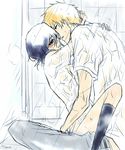  1girl black_hair bleach blush clothed_sex couple hetero kuchiki_rukia kurosaki_ichigo lowres no_pants orange_hair school_uniform see-through sex shirt short_hair showering sketch straddling tia_(tiana_cream) wet wet_clothes 