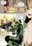  2girls blonde_hair blood blue_eyes bouzu_atama breasts cleavage english gun haou_airen hiding long_hair medium_breasts meme meryl_silverburgh metal_gear_(series) metal_gear_solid military military_uniform multiple_girls one_eye_closed open_clothes parody poorly_translated reverse_translation rifle sniper sniper_wolf solid_snake tongue uniform weapon you're_doing_it_wrong 