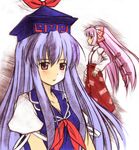  blue_eyes bow dress_shirt fujiwara_no_mokou hair_bow hat kamishirasawa_keine long_hair multiple_girls pants purple_eyes red_eyes shirt shizuku-mahoroba suspenders touhou upper_body very_long_hair 