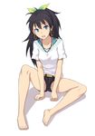  antenna_hair bad_id bad_pixiv_id barefoot black_hair blue_eyes bow earrings feet full_body ganaha_hibiki hair_bow idolmaster idolmaster_(classic) jewelry legs long_hair necklace open_mouth panties panty_peek ponytail shorts simple_background sitting solo underwear yuuhi_(ages) 