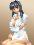  biruteratai black_hair blue_eyes blush bottomless breasts cleavage dark_skin kneeling large_breasts legs long_hair open_clothes open_shirt original shirt sitting solo wariza yagisaka_seto 