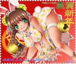  animal_ears anklet bell braid brown_hair bunny_ears bunny_tail china_dress chinese_clothes cleavage_cutout dr_rex dress green_eyes jewelry jingle_bell long_hair new_year original single_braid solo tail 