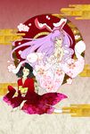  animal_ears black_hair bunny_ears chorobi egasumi faux_traditional_media fine_art_parody highres inaba_tewi japanese_clothes kimono long_hair multiple_girls nihonga parody purple_hair red_eyes reisen_udongein_inaba short_hair tabi touhou 