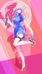  1girl alternate_costume bangs bare_legs blue_dress braid breasts china_dress chinese_clothes commentary_request dress eyebrows_visible_through_hair full_body gloves green_ribbon hair_between_eyes hair_ribbon hand_up highres holding holding_weapon holster izayoi_sakuya knife medium_breasts nunchaku pink_background purple_eyes red_footwear ribbon shoes short_dress short_hair short_sleeves side_slit silver_hair solo standing standing_on_one_leg thigh_holster thighs touhou twin_braids weapon white_gloves yutarou 