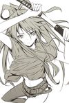  asymmetrical_clothes bad_id bad_pixiv_id belt breasts greyscale kanzaki_kaori large_breasts long_hair maromi_(am97) midriff monochrome ponytail sheath single_pantsleg solo sword to_aru_majutsu_no_index unsheathing very_long_hair weapon 