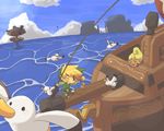  1girl bird blonde_hair boat cliff closed_eyes cloud day food fruit hat horizon island link lookout_platform ocean one_eye_closed outset_island pear seagull ship telescope tetra the_legend_of_zelda the_legend_of_zelda:_the_wind_waker toon_link tsutsuji watercraft wind 