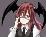  bad_id bad_pixiv_id bat_wings bespectacled black_neckwear cafe_choco glasses head_wings koakuma long_hair necktie one_eye_closed red_eyes red_hair solo touhou upper_body wings 
