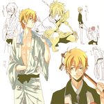  angry ao_no_exorcist blonde_hair brothers crouching japanese_clothes male male_focus open_clothes open_shirt pink_hair shima_kenzou shima_renzou shirt shirtless short_hair siblings sketch squatting staff yellow_eyes 