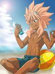  1boy beach character_request goggles inazuma_eleven inazuma_eleven_(series) male male_focus outdoors pink_hair sky solo swimsuit tan topless tsunami_jousuke 