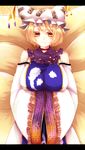  adapted_costume bad_id bad_pixiv_id bare_shoulders bell blonde_hair breasts choker embellished_costume fox_tail frills hands_in_opposite_sleeves hat highres jingle_bell large_breasts letterboxed short_hair smile solo surcoat tail touhou yakumo_ran yellow_eyes yutazou 