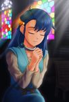  blue_hair choker church closed_eyes dragon_quest dragon_quest_vi dress hands_clasped highres kurotama_saki long_hair own_hands_together praying stained_glass tania 