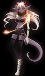  black_legwear black_sclera bone boots breasts checkered demon_girl fire garter_belt gloves grey_skin horns konshin long_hair medium_breasts original pointy_ears pyrokinesis red_eyes short_shorts shorts single_glove skeletal_arm slit_pupils solo standing tail thighhighs white_hair 