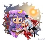  bat_wings blue_hair book coffgirl crescent fang hat long_hair multiple_girls patchouli_knowledge purple_eyes purple_hair red_eyes remilia_scarlet ribbon touhou wings yuri 