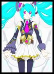  alternate_costume aqua_hair asymmetrical_clothes belt detached_sleeves hatsune_miku headset highres long_hair necktie pink_eyes solo teku_(the3dempire) thighhighs twintails vocaloid 