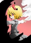  blonde_hair darkness fang hair_ribbon hecchi_(blanch) looking_back open_mouth outstretched_arms red_eyes ribbon rumia short_hair smile solo spread_arms touhou 