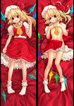  ascot blonde_hair bobby_socks dakimakura flandre_scarlet flat_chest hat highres lamian_(pixiv415608) lying multiple_views navel nipples no_bra on_back open_clothes open_shirt open_skirt red_eyes shirt short_hair side_ponytail skirt socks touhou wings 