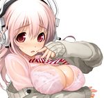  blush bra breasts buttons cleavage headphones large_breasts lingerie long_hair necktie nitroplus pink_eyes pink_hair see-through simple_background solo striped super_sonico sweat tsuji_santa underwear wet wet_clothes 
