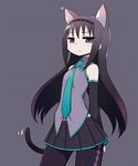  akemi_homura animal_ears arms_behind_back bare_shoulders black_hair cat_ears cat_tail chan_co cosplay detached_sleeves frown hairband hatsune_miku hatsune_miku_(cosplay) kemonomimi_mode long_hair mahou_shoujo_madoka_magica necktie pantyhose purple_eyes simple_background skirt solo tail vocaloid 