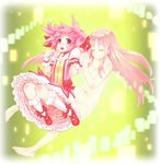  barefoot bubble_skirt choker closed_eyes connect_(madoka_magica) dual_persona gloves holding_hands kaname_madoka long_hair magical_girl mahou_shoujo_madoka_magica moku_(racie45bv) multiple_girls navel nude open_mouth pink_eyes pink_hair puffy_sleeves shoes short_hair short_twintails skirt smile twintails white_gloves white_legwear 