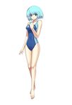  :o absurdres alternate_costume atelier_(series) barefoot blue_eyes blue_hair breasts competition_swimsuit cross_edge feet full_body highres hirano_katsuyuki impossible_clothes impossible_swimsuit legs mana_khemia_(series) mana_khemia_2 medium_breasts official_art one-piece_swimsuit open_mouth short_hair simple_background skin_tight solo standing swimsuit wuim_(mana_khemia) 