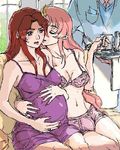  2girls bulge cup flay_allster futanari gundam gundam_seed holding_belly jpeg_artifacts lacus_clyne lingerie lowres multiple_girls pink_hair pregnant red_hair underwear 