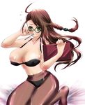  bad_id bra breasts brown_hair computer feet female glasses green_eyes laptop large_breasts mimi5627 panties pantyhose shion_uzuki solo underwear uzuki_shion white_background xeno_(series) xenosaga 